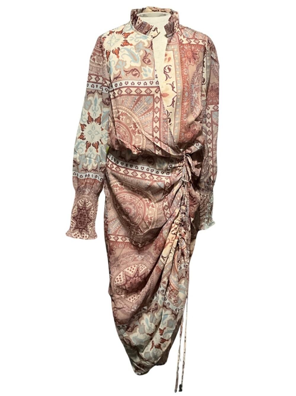 Paisley Medallion Ruched Drawstring Midi Dress NWT Boho Resort Size M mobwife